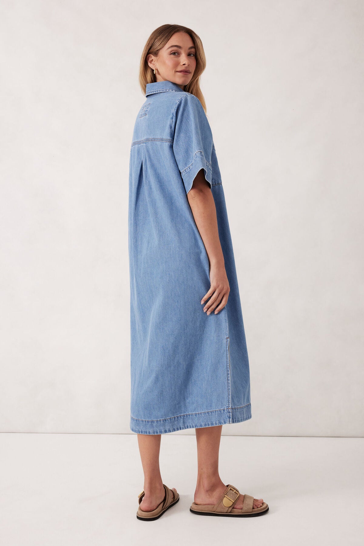 Ava Short Sleeve Yoke Detail Midi Dress | Vintage Blue