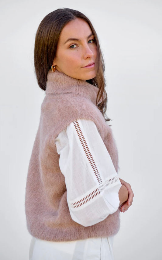 Oat Brushed Sleeveless Roll Neck