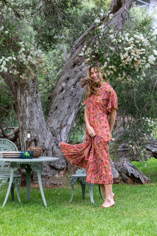 Charleston Frill Dress - Deep Coral