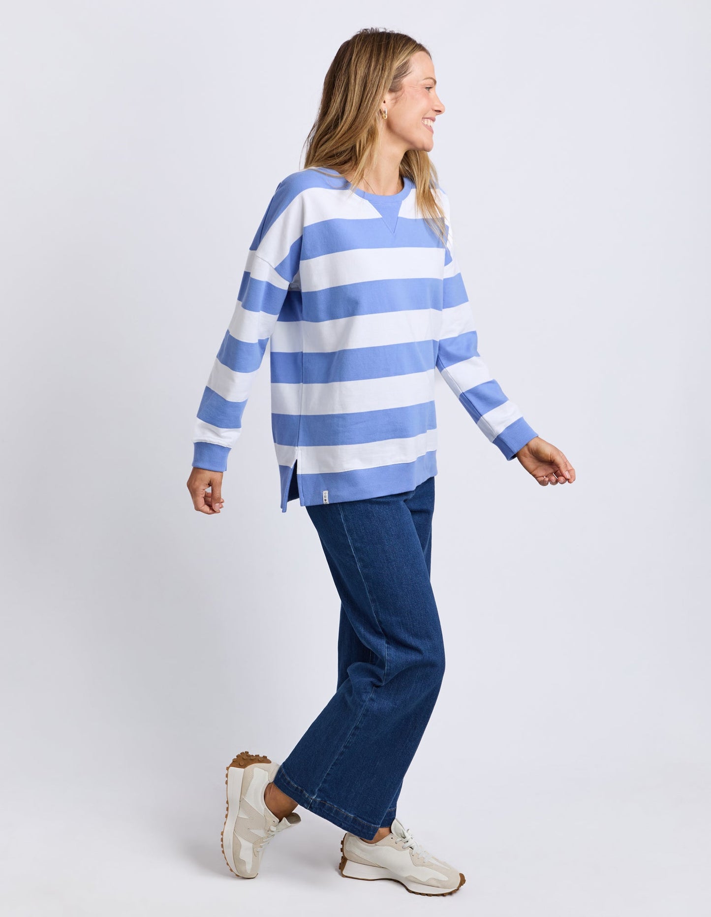 Billie Block Stripe Crew | Cornflower/White