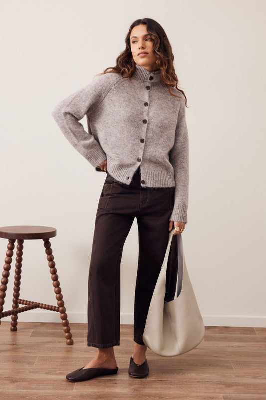 Riley Funnel Neck Tab Cardi | Taupe Marle
