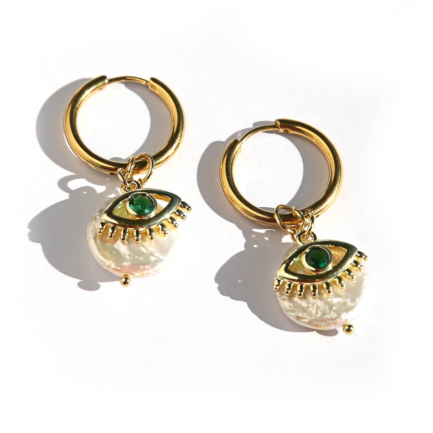 Green Eye Huggie Hoops