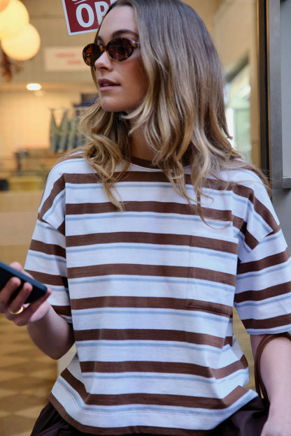 Boa Boxy Pocket Tee | White/Milk Choc Chalk Stripe