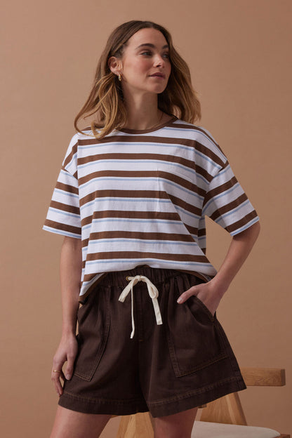 Boa Boxy Pocket Tee | White/Milk Choc Chalk Stripe