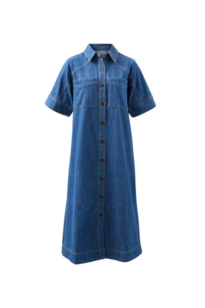 Ava Short Sleeve Yoke Detail Midi Dress | Fresh Indigo