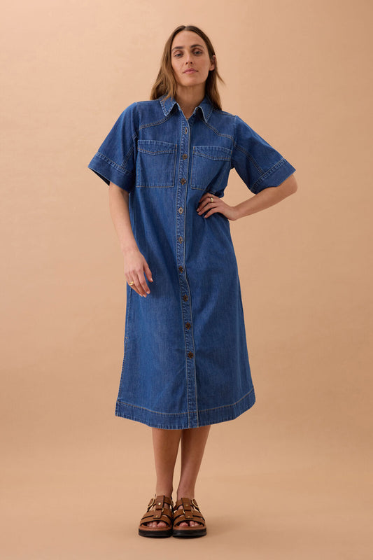 Ava Short Sleeve Yoke Detail Midi Dress | Fresh Indigo