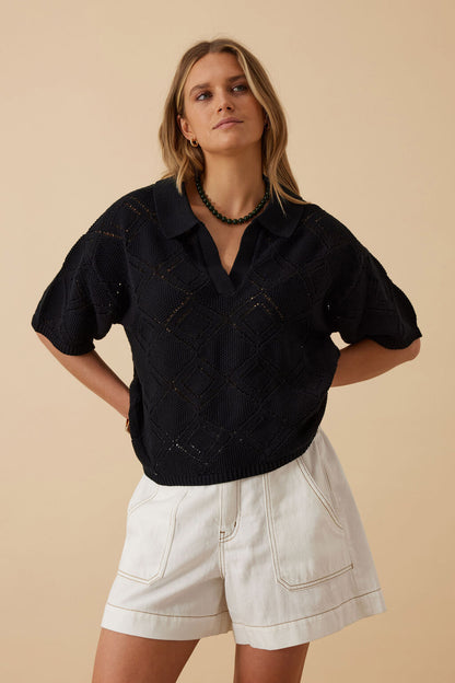 Demi Knit Collared Tee | Black