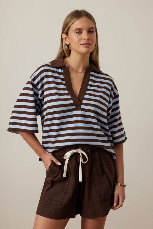 Arlie Short Sleeve Rugby | Choc/Chalk Stripe