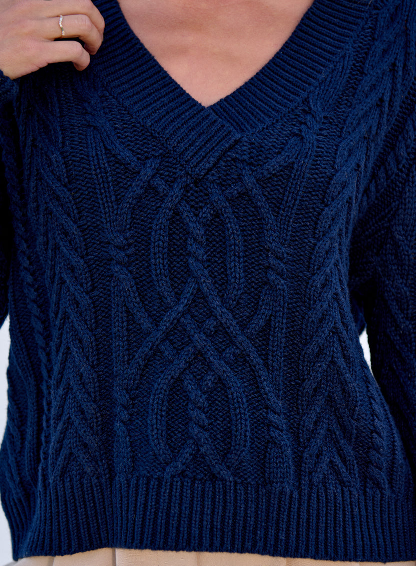Navy V Neck Cable Knit