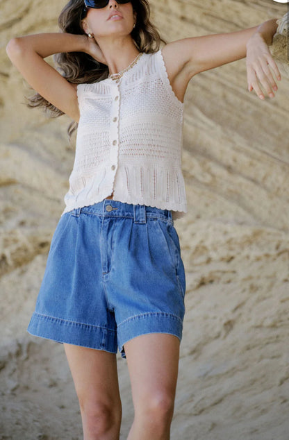 Pleat Front Short | Washed Indigo