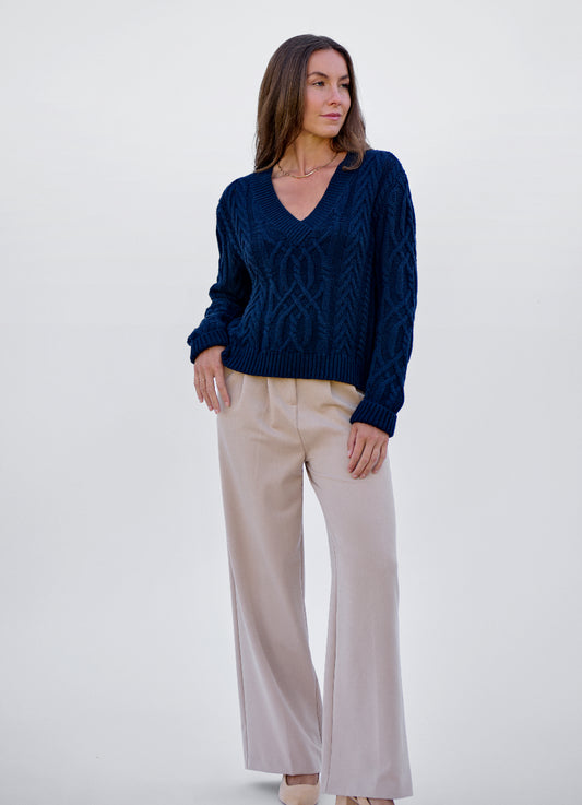 Navy V Neck Cable Knit