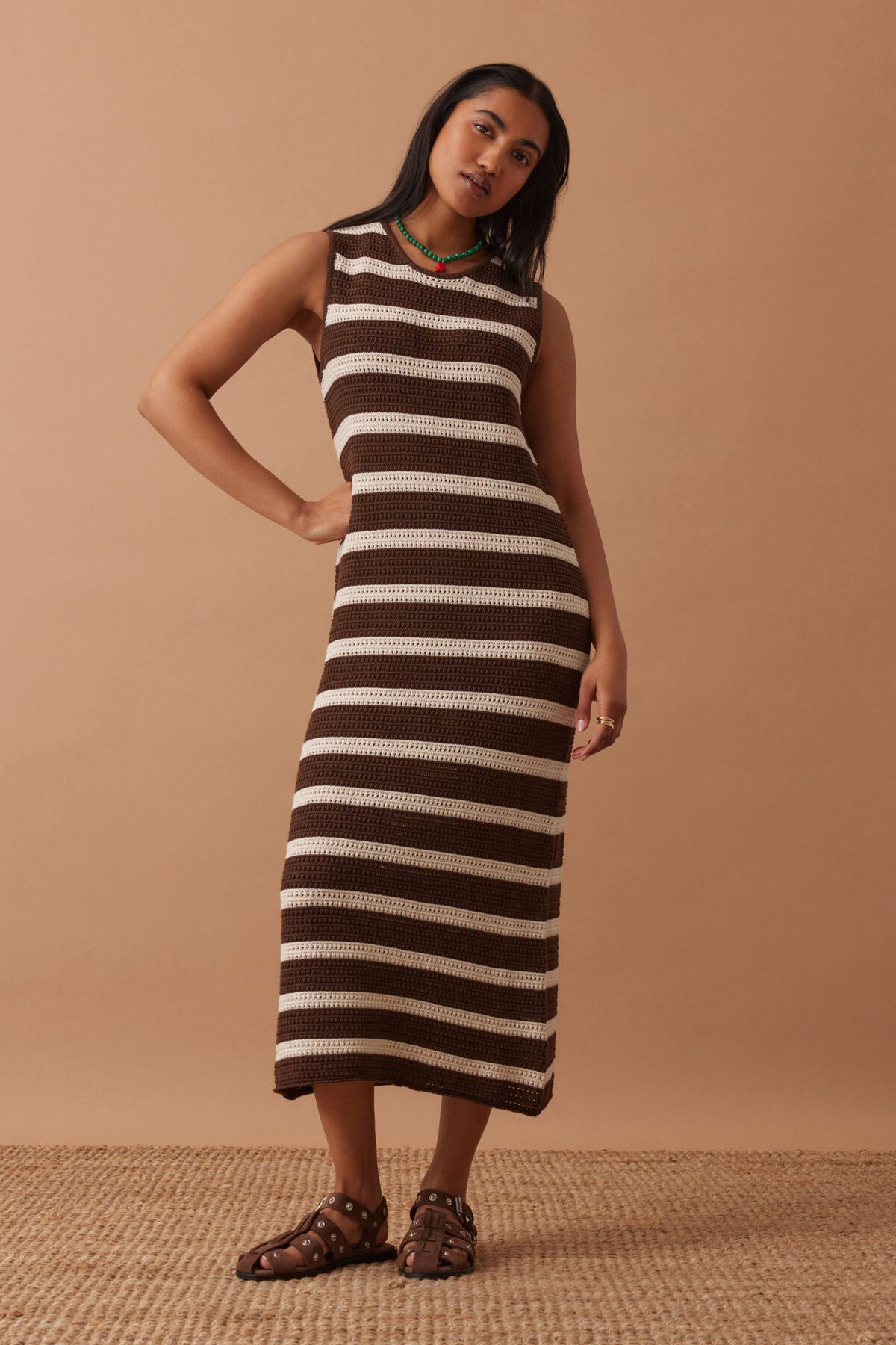 Mesh Knit Tank Dress - Choc Stripe