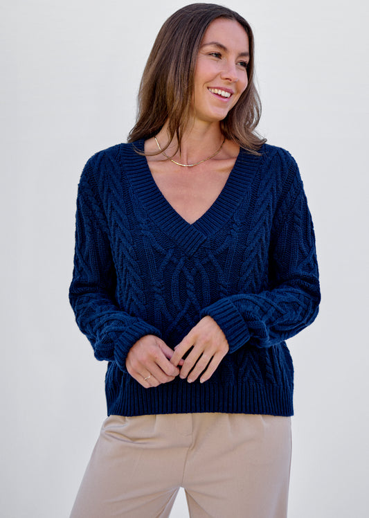Navy V Neck Cable Knit