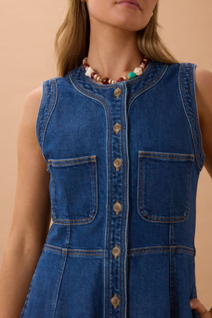 Hazel Midi Sleeveless Shirt Dress - Caspian Blue