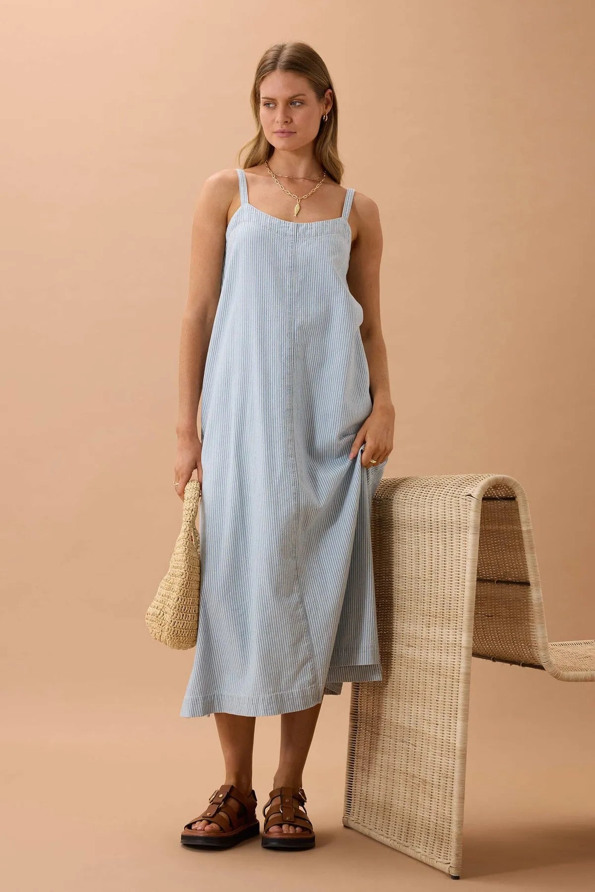 Remy Strappy Midi Dress - Indigo White Stripe