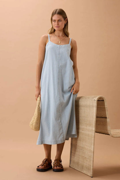 Remy Strappy Midi Dress - Indigo White Stripe