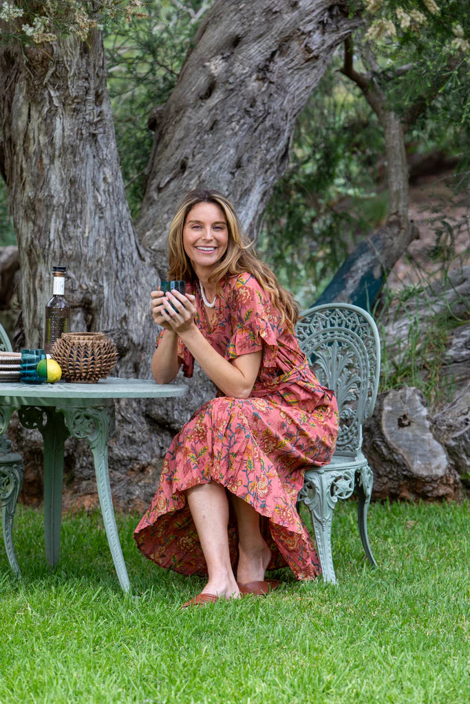 Charleston Frill Dress - Deep Coral