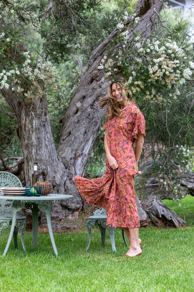 Charleston Frill Dress - Deep Coral