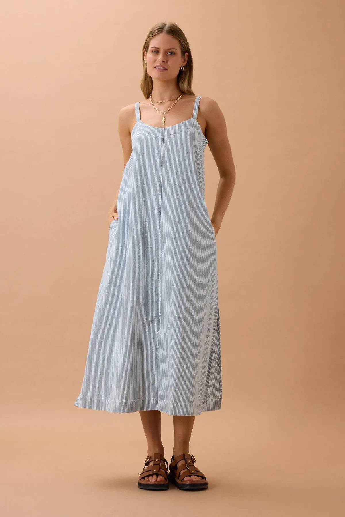 Remy Strappy Midi Dress - Indigo White Stripe
