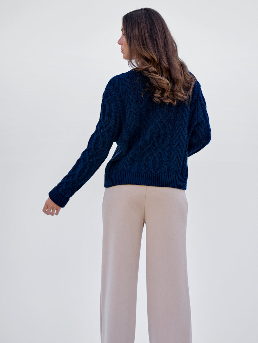 Navy V Neck Cable Knit
