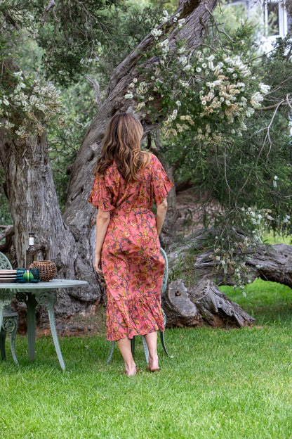 Charleston Frill Dress - Deep Coral