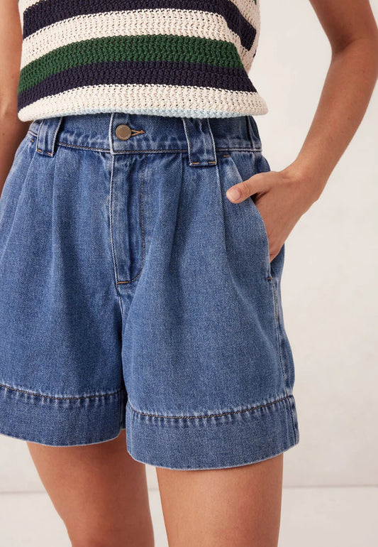 Pleat Front Short | Washed Indigo