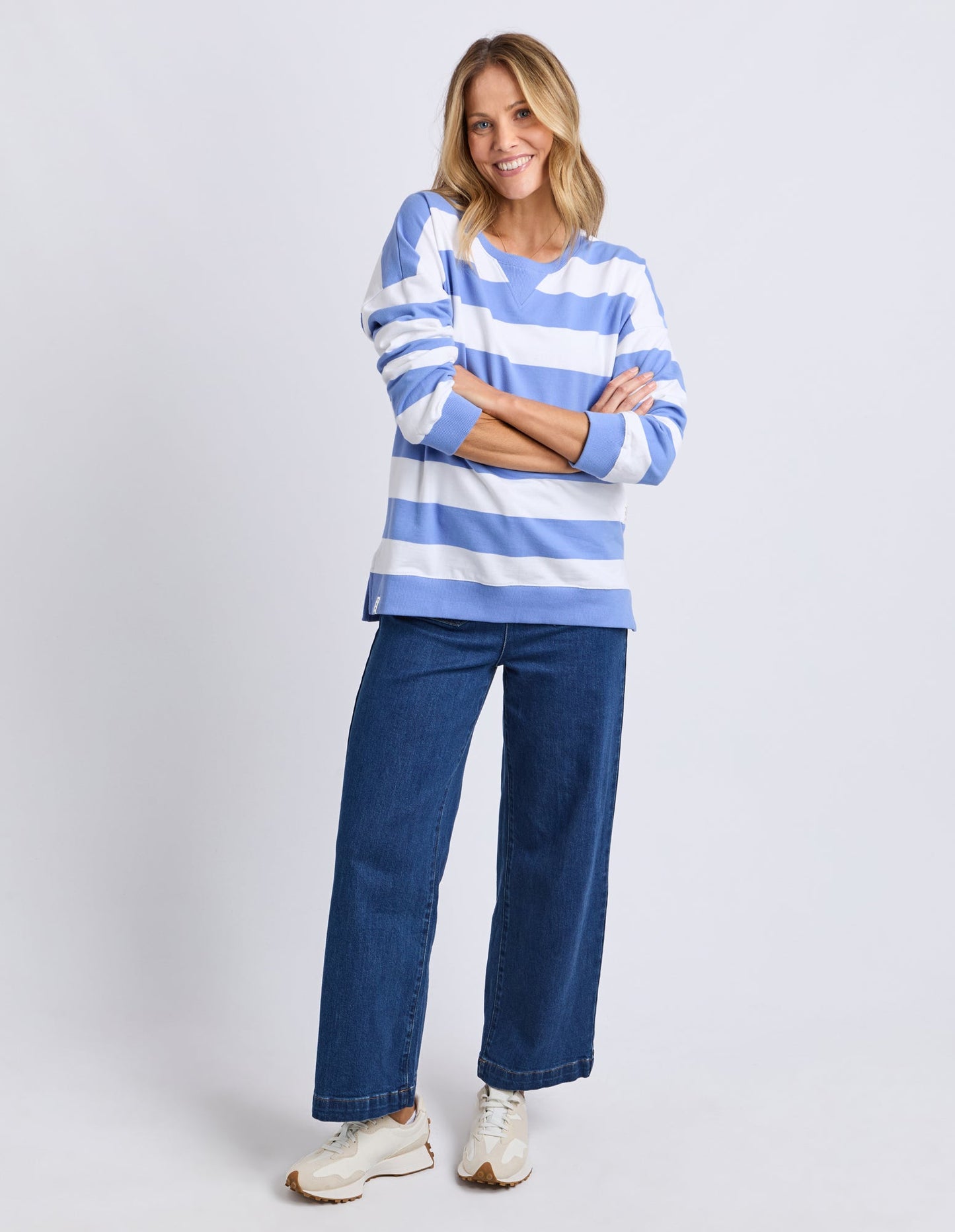 Billie Block Stripe Crew | Cornflower/White