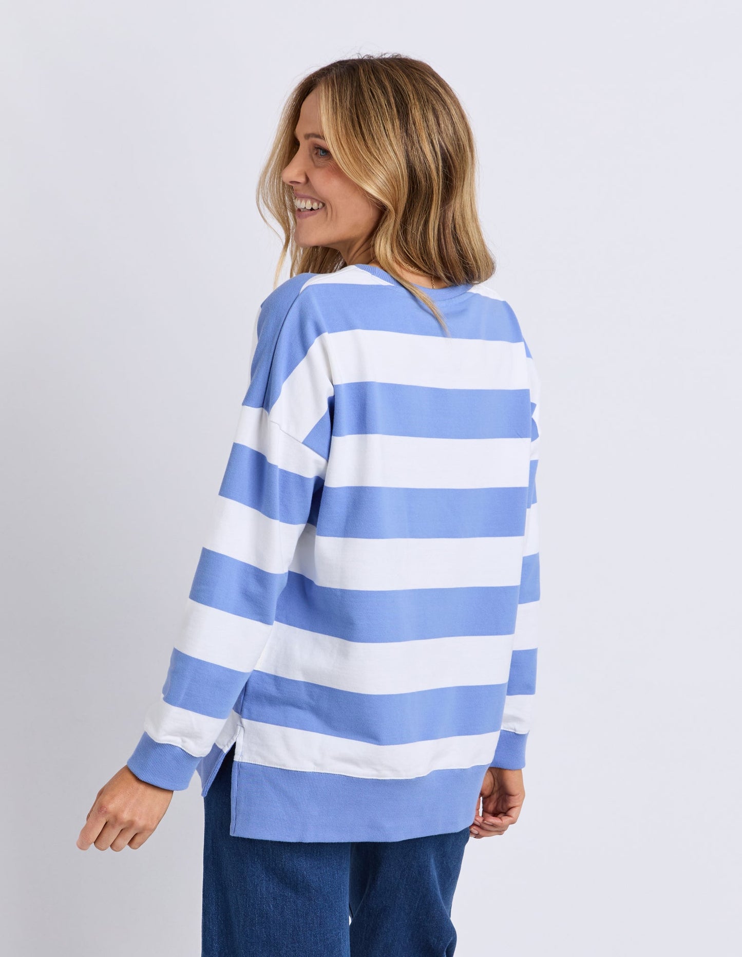 Billie Block Stripe Crew | Cornflower/White