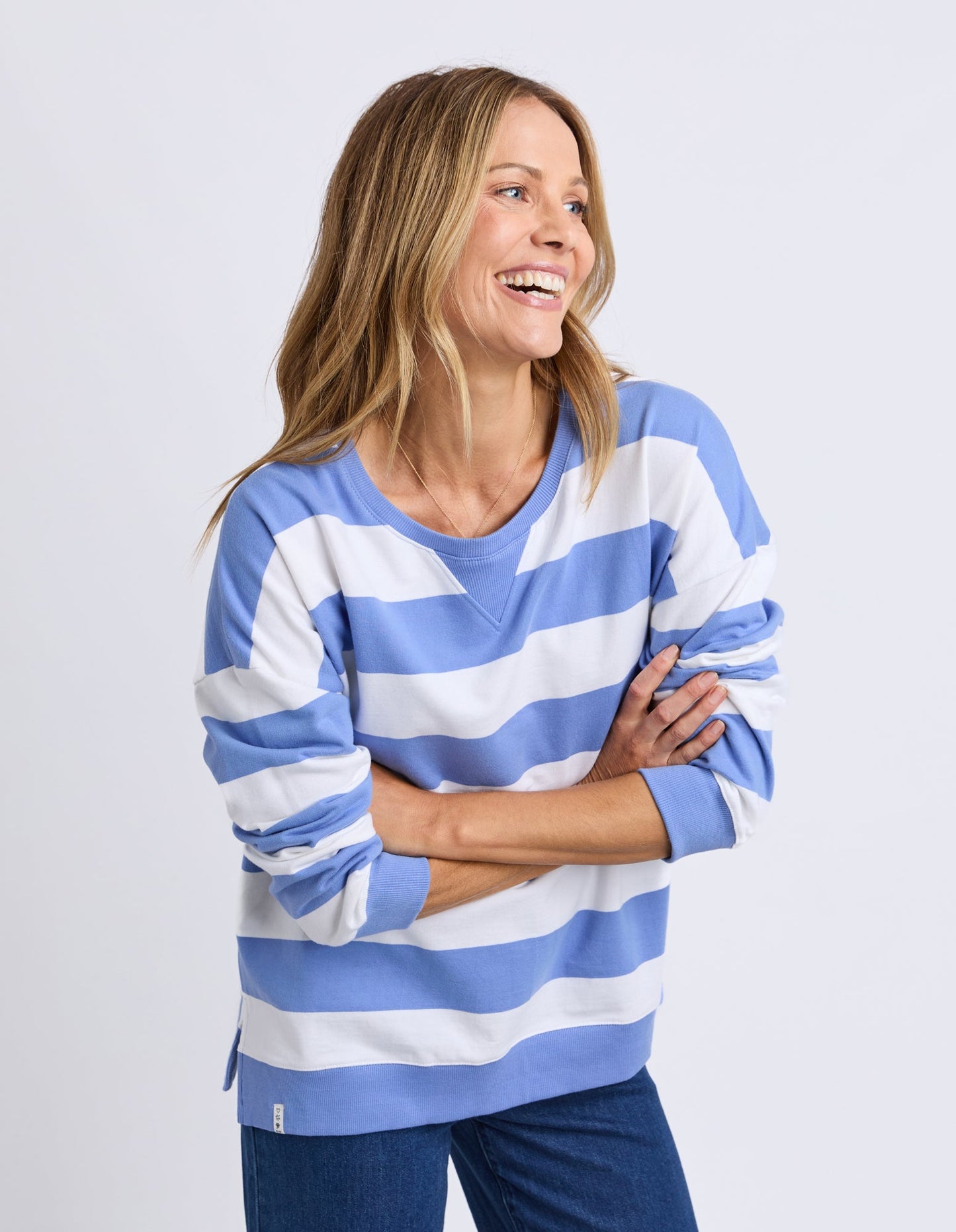 Billie Block Stripe Crew | Cornflower/White