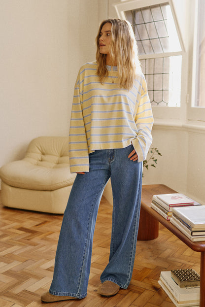 Beau Long Sleeve Slouchy Tee | Butter/China Blue Stripe
