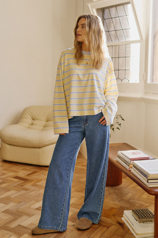 Beau Long Sleeve Slouchy Tee | Butter/China Blue Stripe