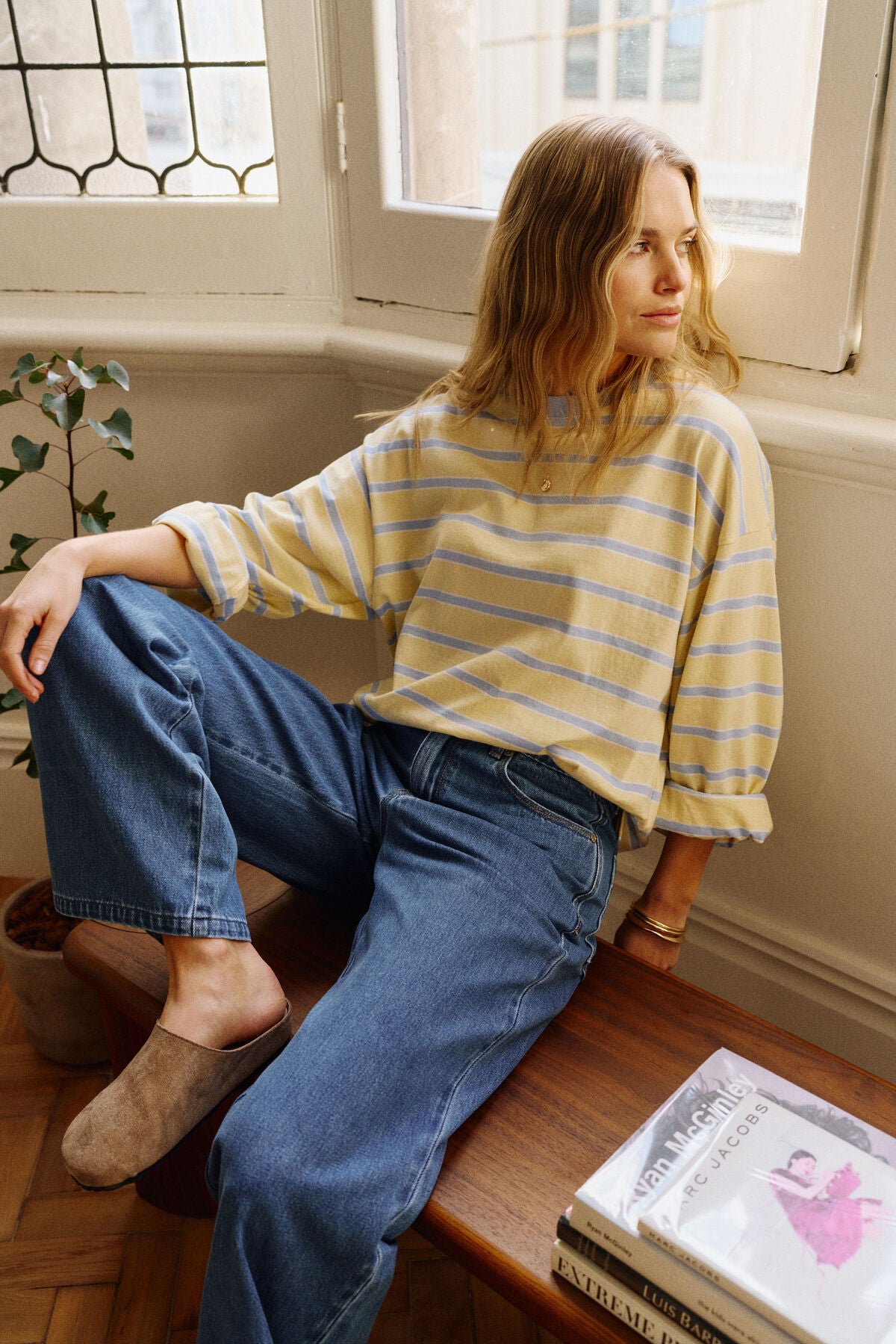 Beau Long Sleeve Slouchy Tee | Butter/China Blue Stripe
