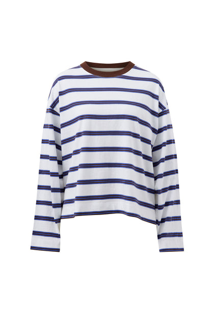Beau Long Sleeve Slouchy Tee | White Polo/Choc Stripe