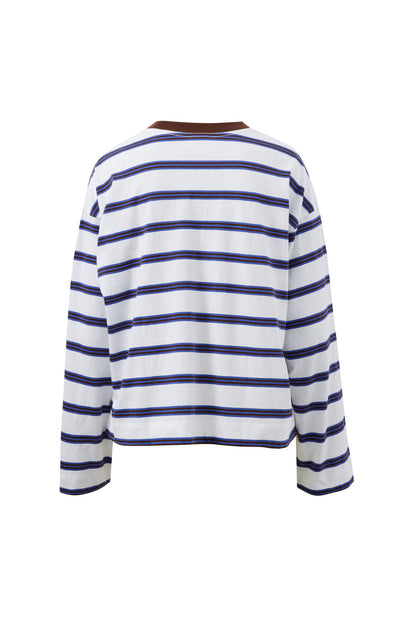 Beau Long Sleeve Slouchy Tee | White Polo/Choc Stripe