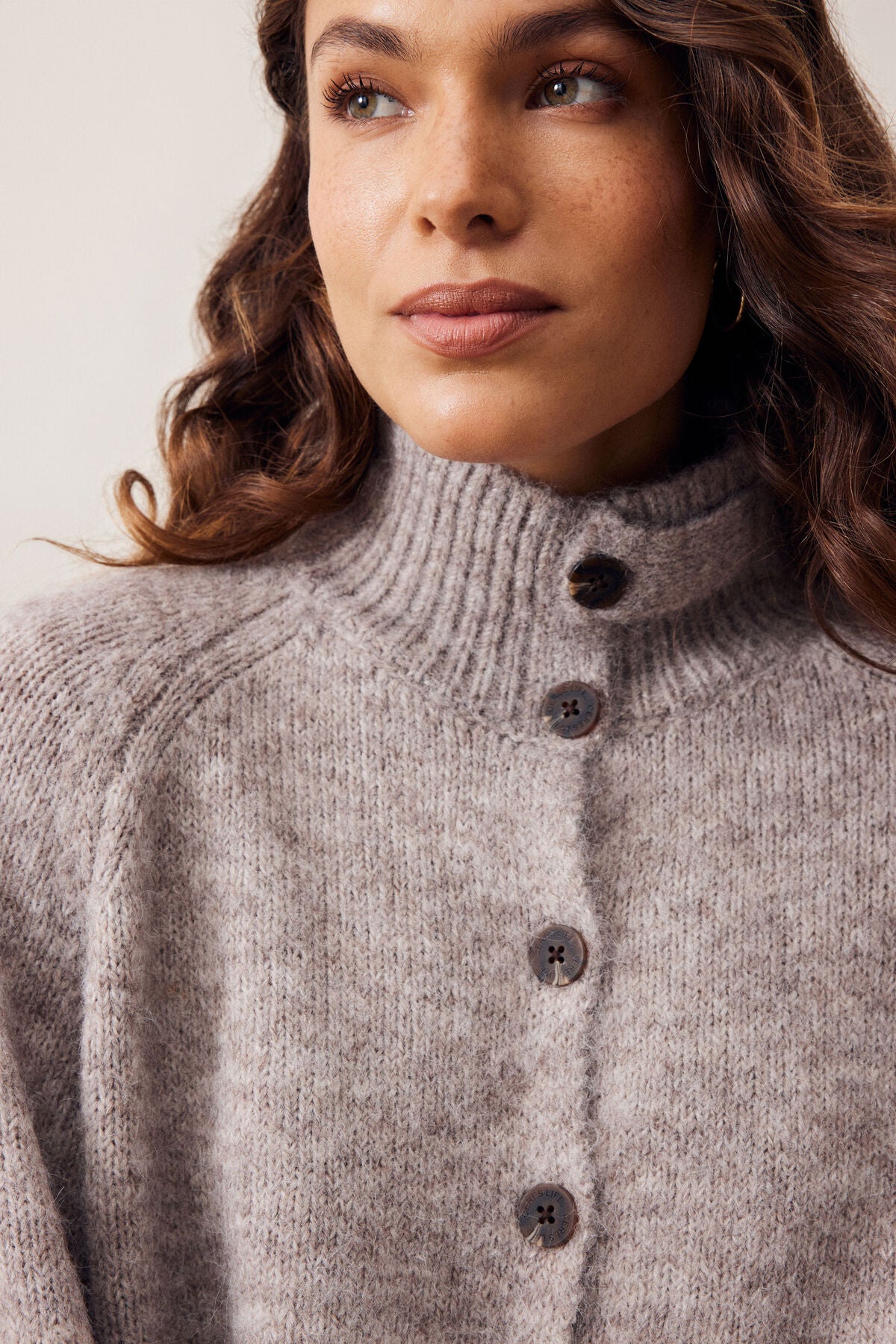 Riley Funnel Neck Tab Cardi | Taupe Marle