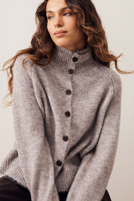 Riley Funnel Neck Tab Cardi | Taupe Marle