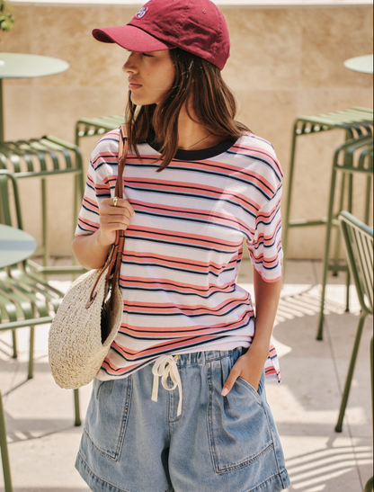 Stevie Slouchy Tee | Washed Coral & New Navy Stripe