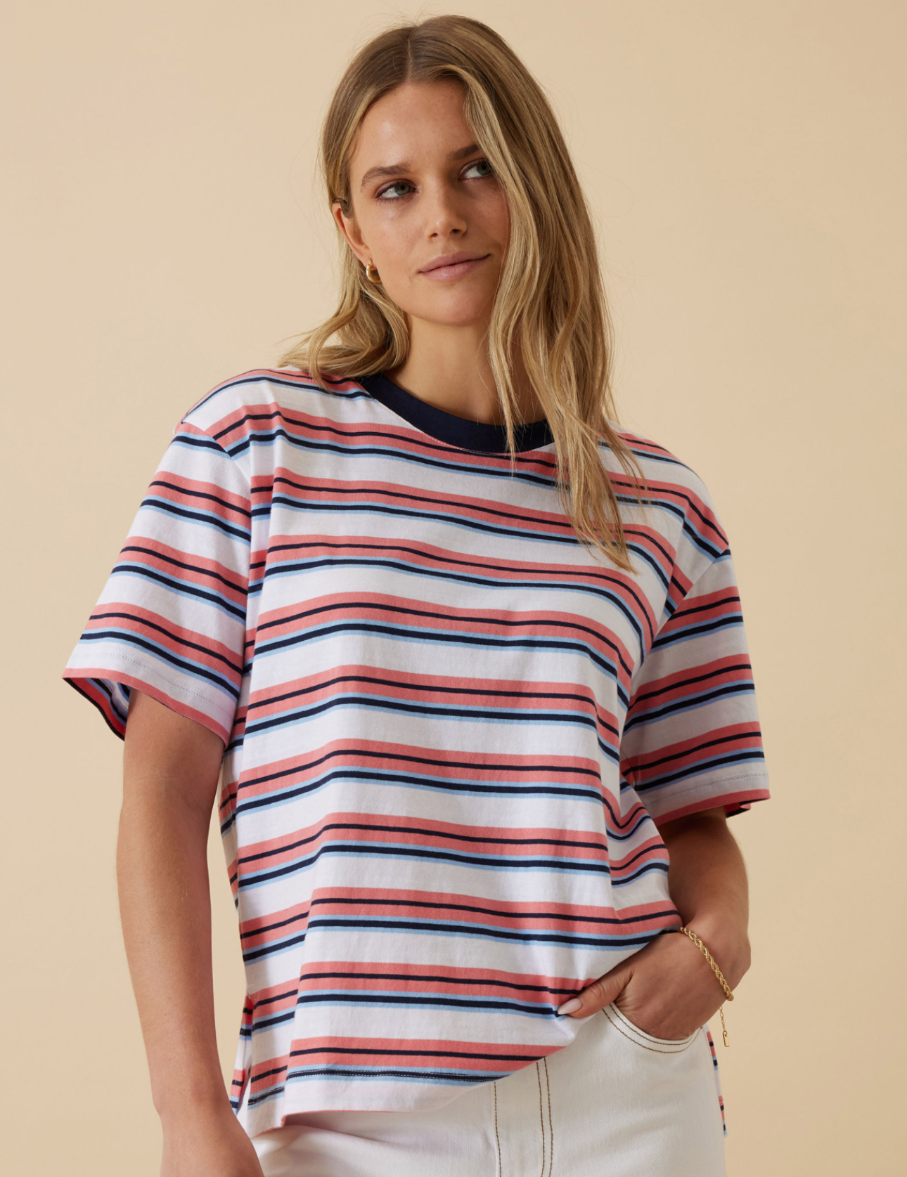 Stevie Slouchy Tee | Washed Coral & New Navy Stripe