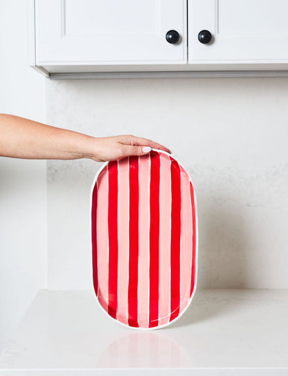 Oval Ceramic Platter | Pink & Red Stripe