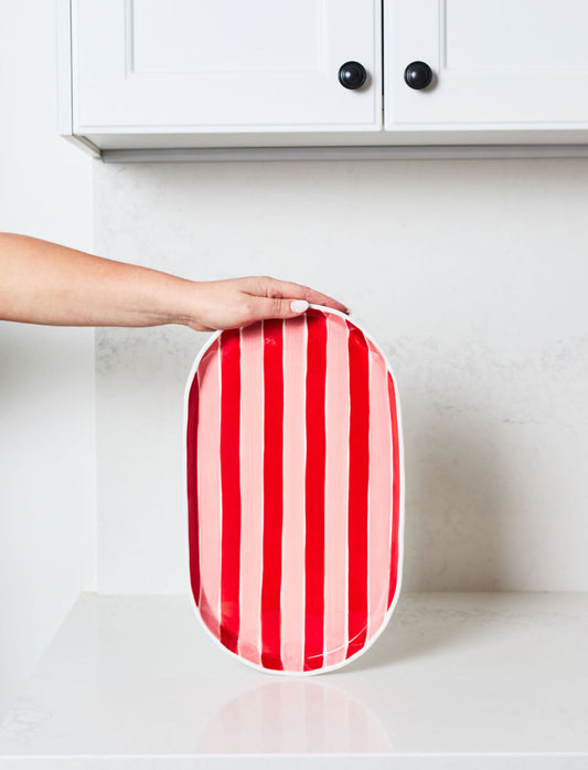 Oval Ceramic Platter | Pink & Red Stripe