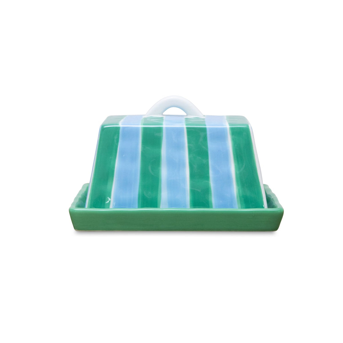 Large Ceramic Butter Dish | Cornflower Blue & Green Stripe