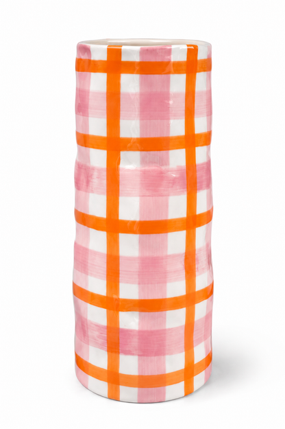 Ceramic Medium Vase | Pink & Orange Gingham