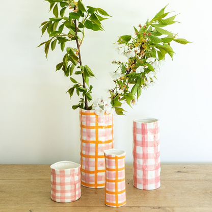 Small Ceramic Vase | Pink & Orange Gingham