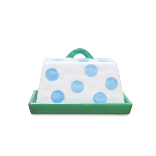 Large Ceramic Butter Dish | Blue Dots with Green Handle & Tray