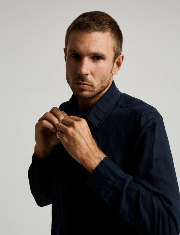 Linen Long Sleeve Shirt | Navy
